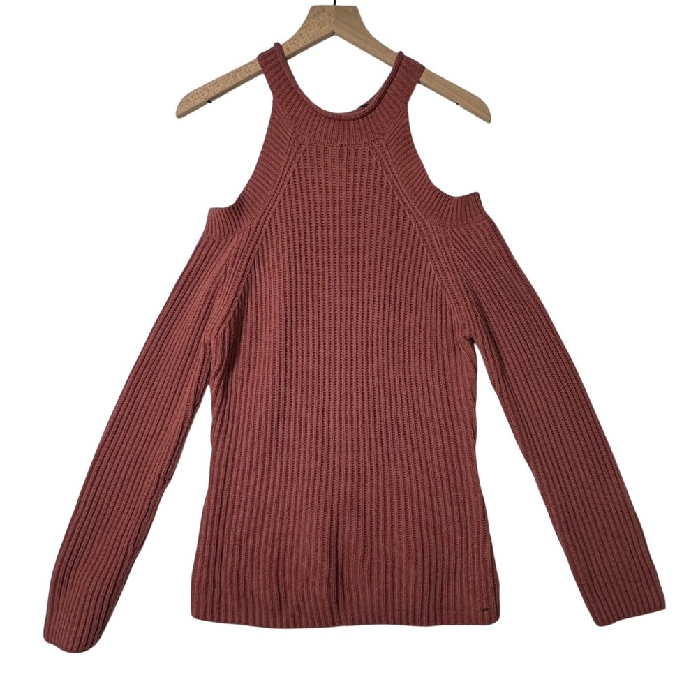 Guess Womens Size XL Pink Cold Shoulder Knit Sweater Mock Neck Long‎ Sleeve